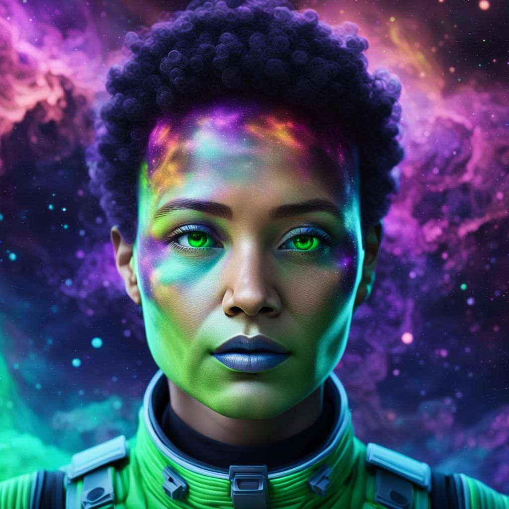 Astronaut Standing Against a Nebula in Neon Spacesuit