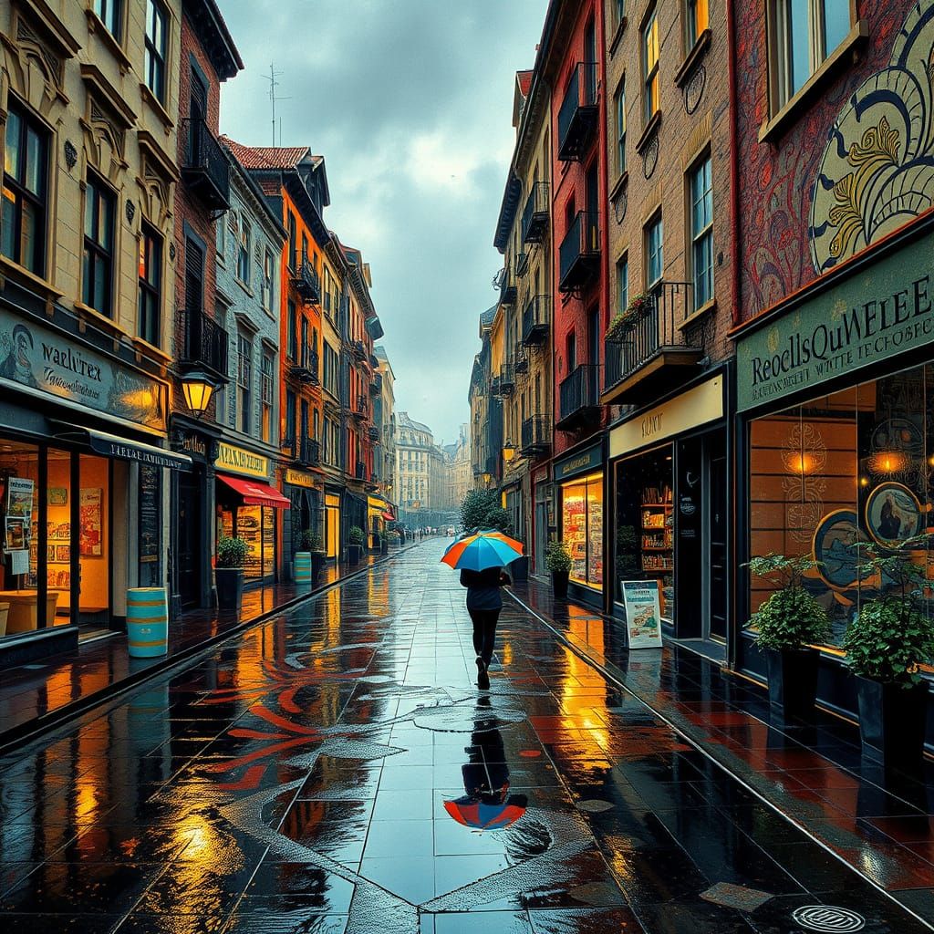 Cozy Rainy Street Scene in Surreal Style