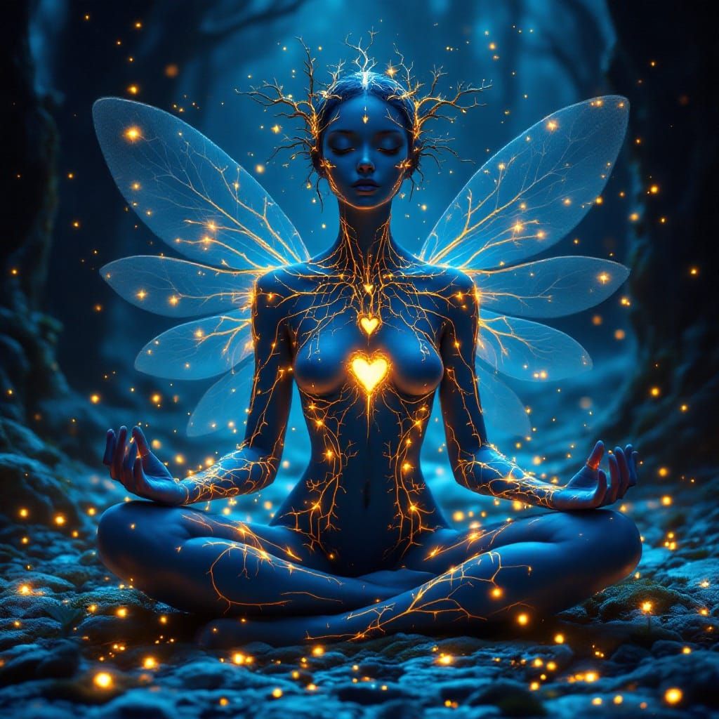 Enchanted Fairy in Meditative Pose, Surrounded by Mystical F...