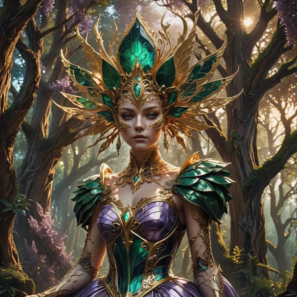 Biomechanical Fairy in Stained Glass Dress, Baroque Style