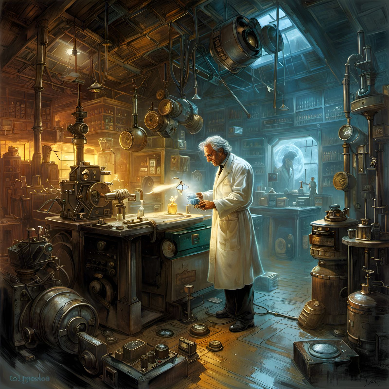 Mad Scientist Teleporting in a Steampunk Lab