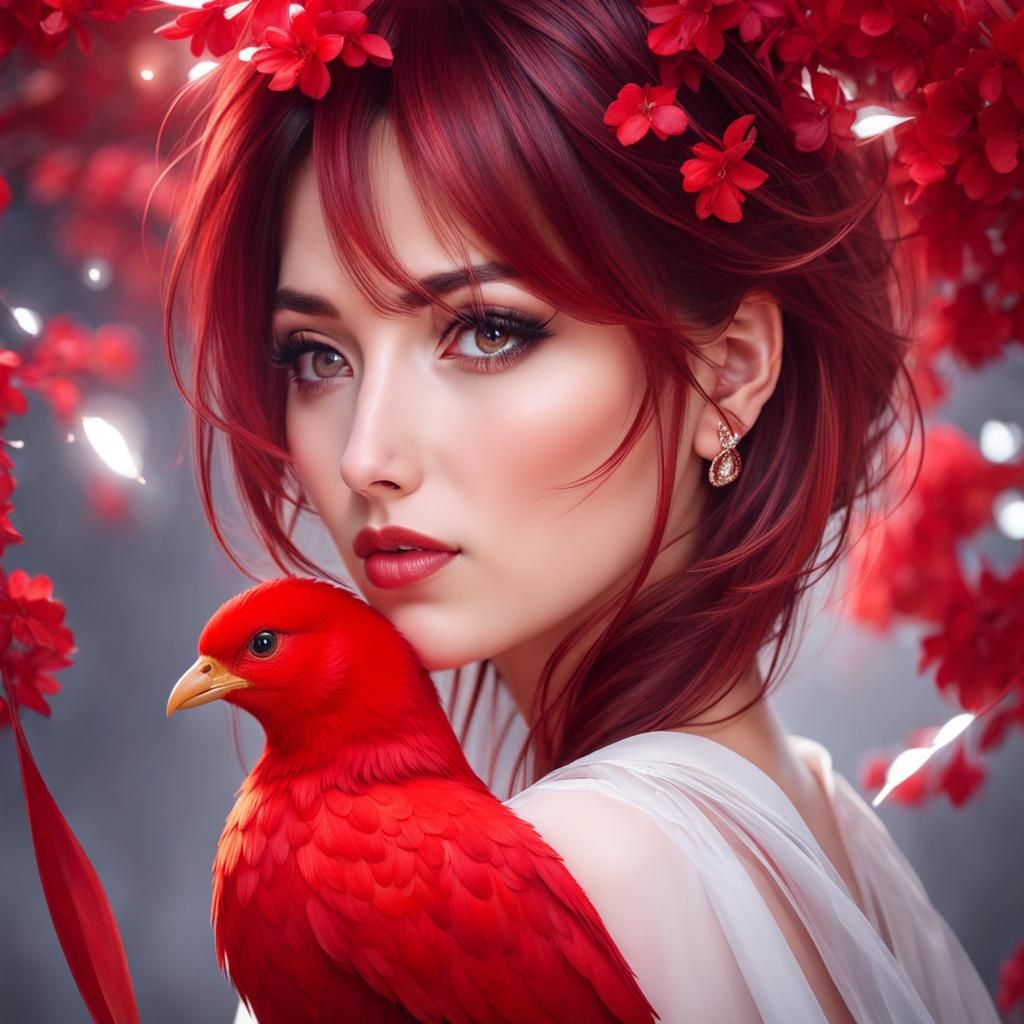 Hyperealstic hot shy girl, red chick beautiful face