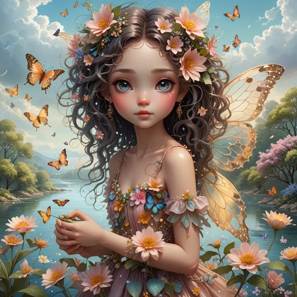 Whimsical Flower Fairy in a Dreamy Landscape