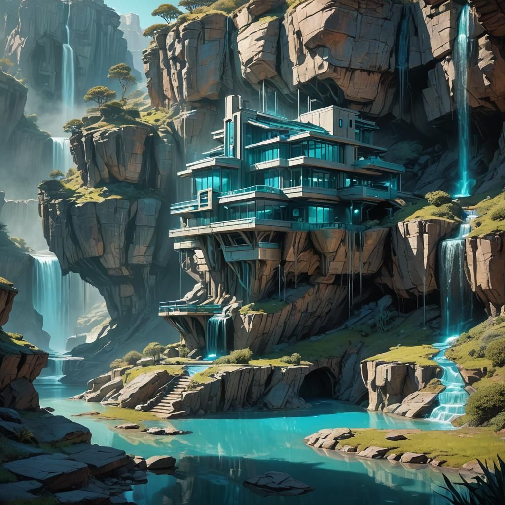 Dreamlike Cliffside House Inspired by Syd Mead