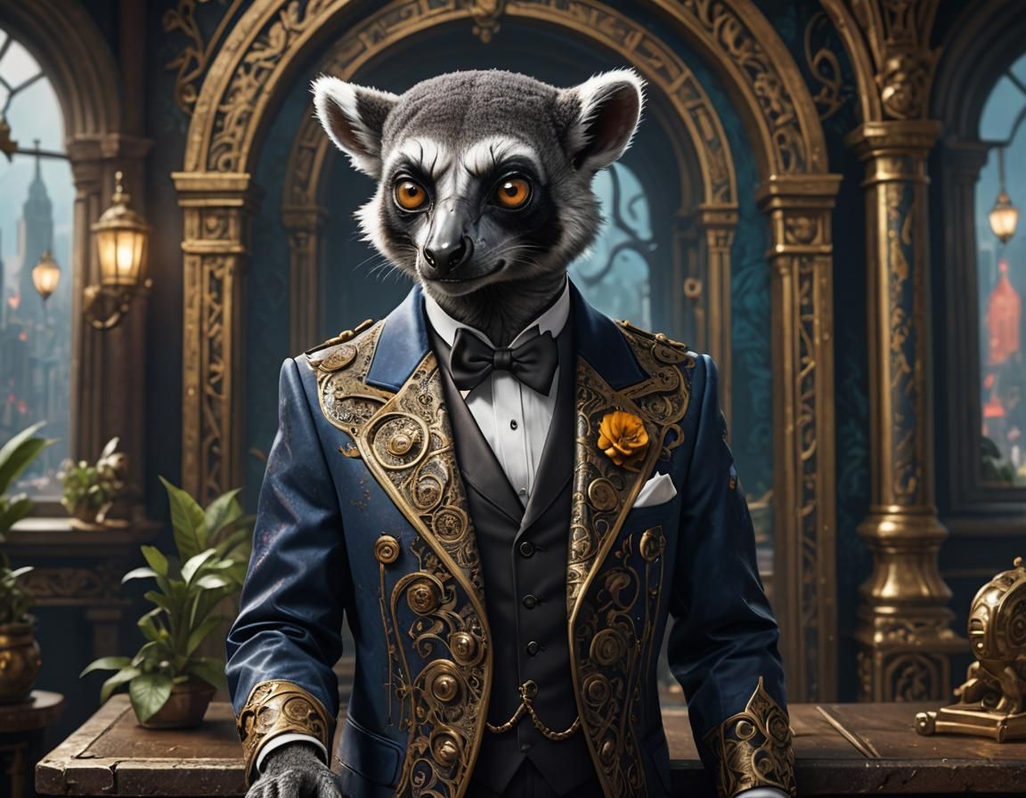 Anthropomorphic Lemur Spy in Tuxedo: Detailed Matte Painting