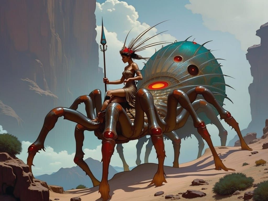 Ethereal Tarantula Riders in Art Nouveau Landscape