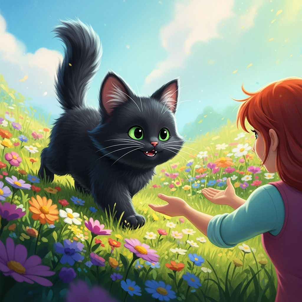 Adorable Black Kitten Meets Woman in Enchanted Meadow