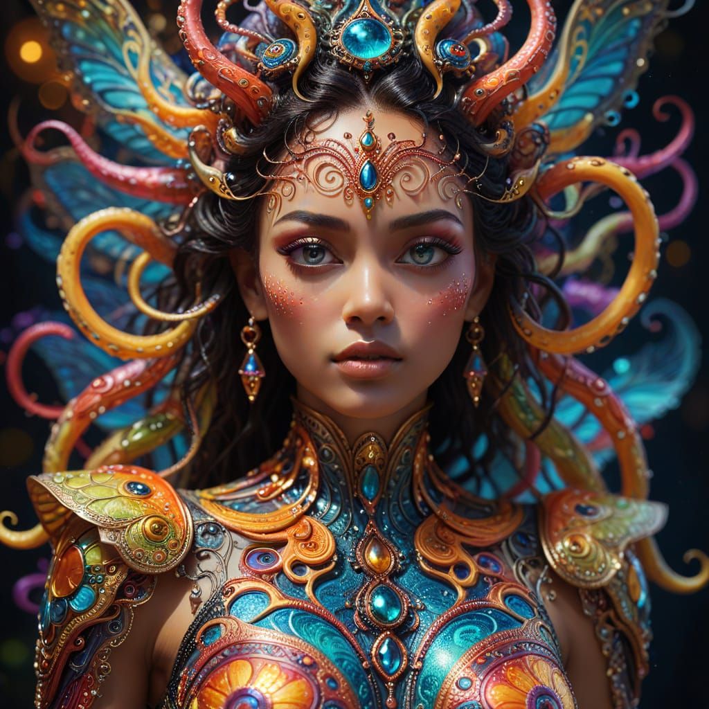 Surreal Robo-Woman in Eerie Meadow Landscape with Kaleidosco...