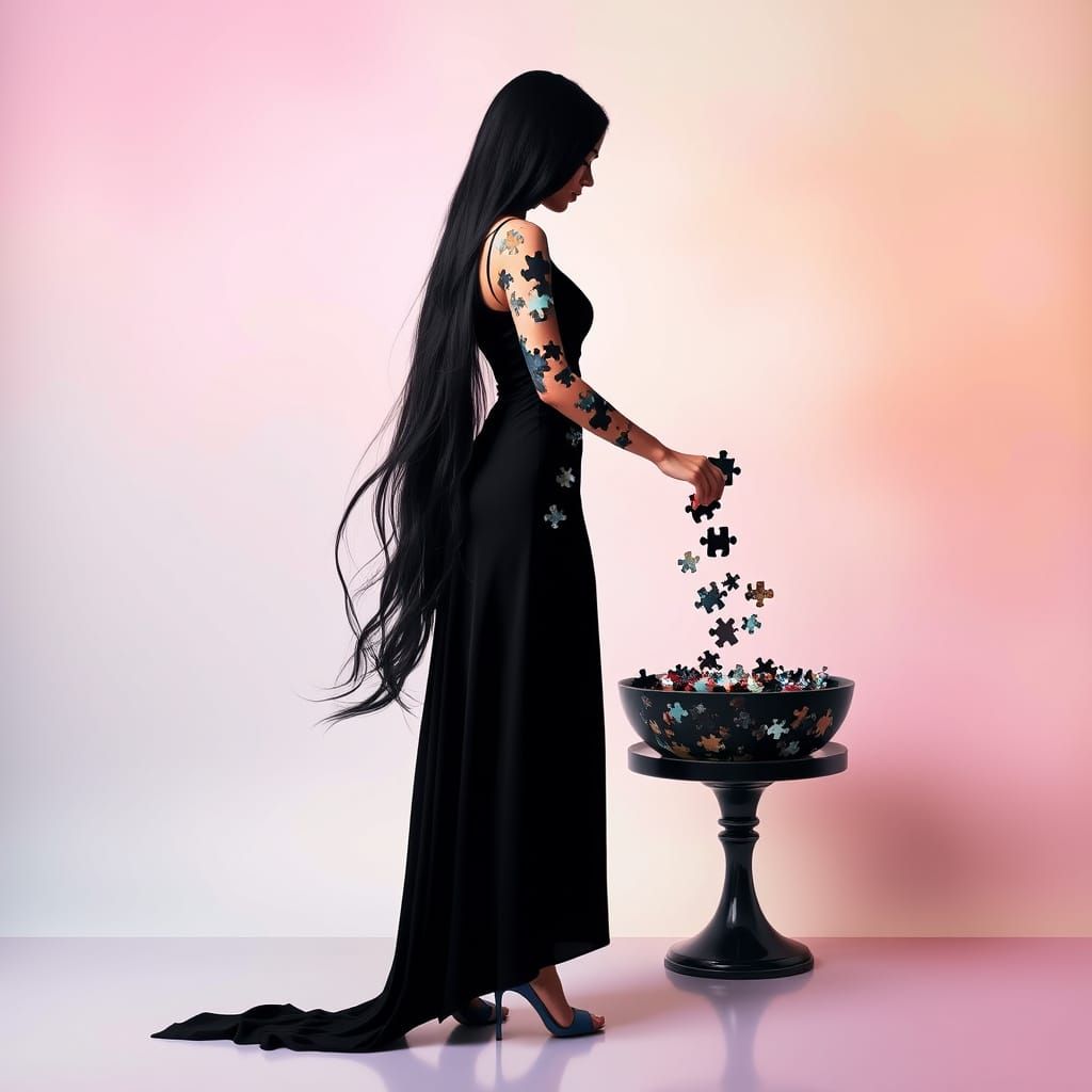 Woman Silhouetted by Vibrant Pastel Puzzle Pieces in Dreamy ...