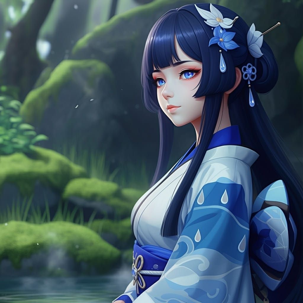 Edo Period Goddess Nakisawame Beside a Lush Natural Spring