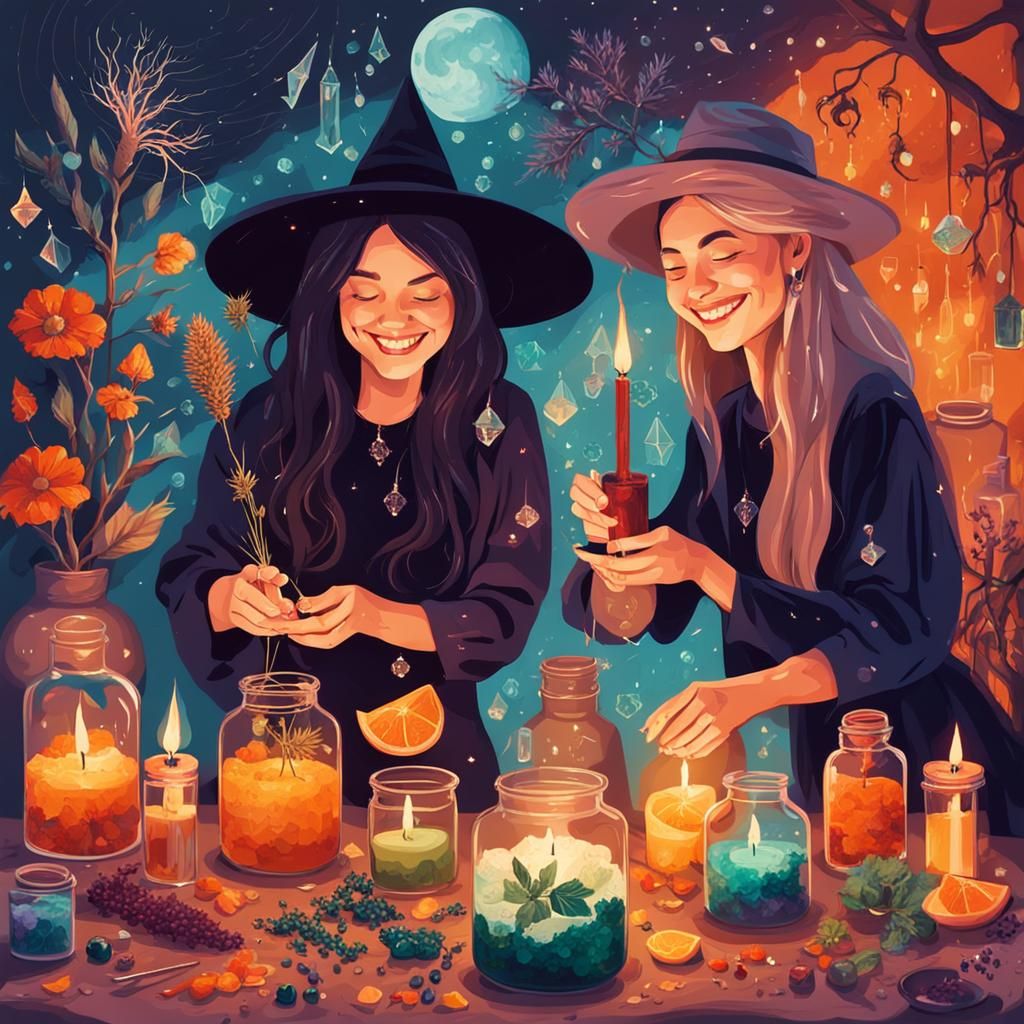 Modern Witch Sisters Creating Potions in Laboratory