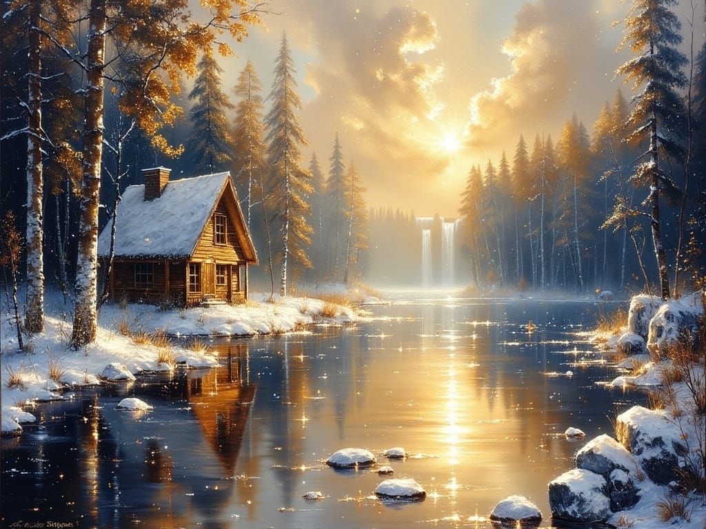 Snowy Winter Landscape with Wooden House and Rocky Stream