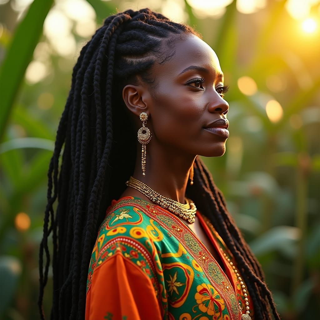Rastafarian African Queen Portrait with Golden Accents
