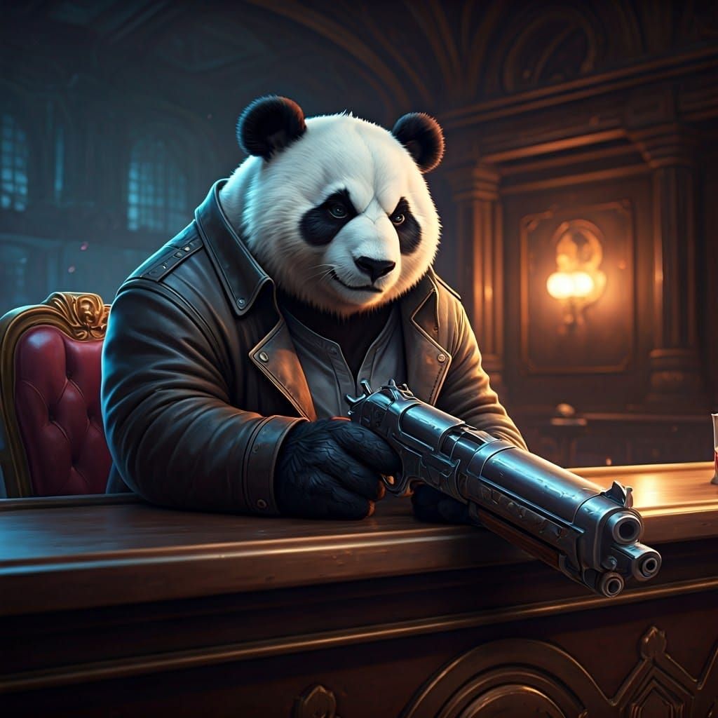 Panda in Leather Jacket Sits at Dimly Lit Bar