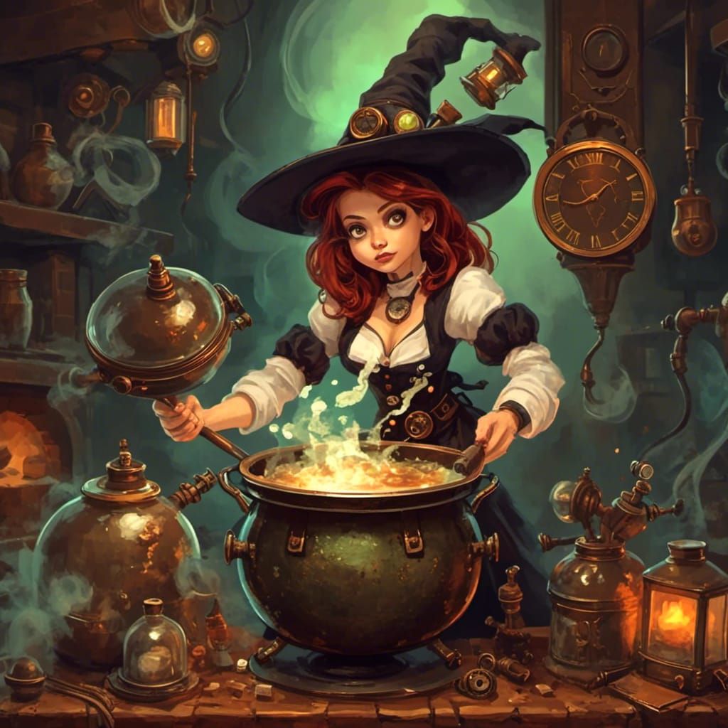 Steampunk Witch Stirring Bubbling Cauldron