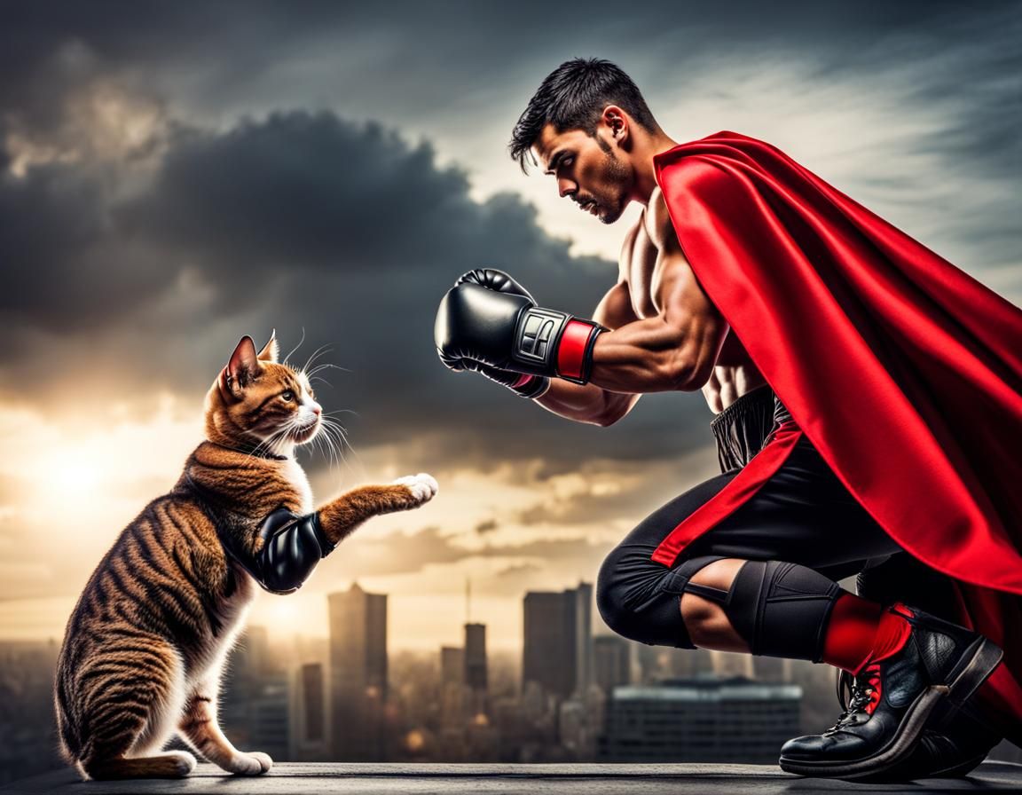 Superhero Boxer Saves Kitten: Hyperrealistic Action Scene