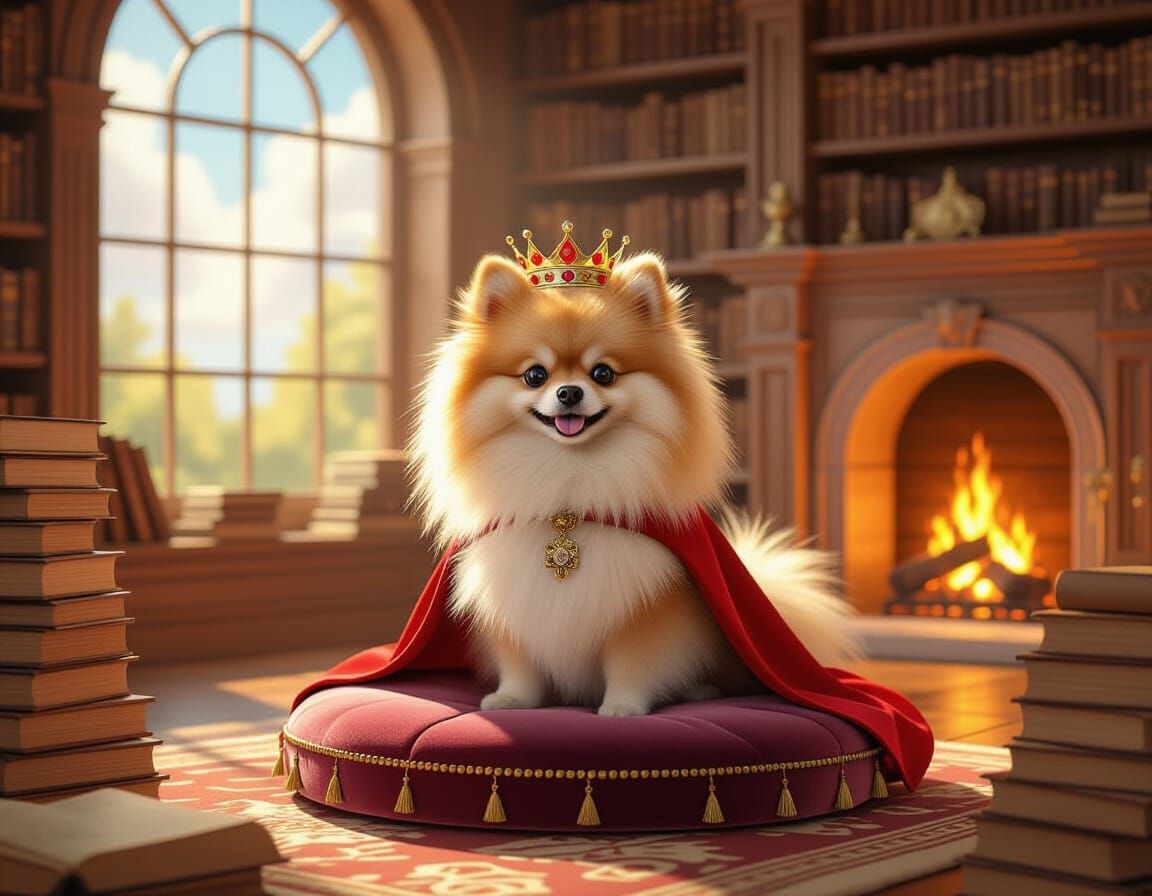 Regal Pomeranian Dog on Cushion in Sunlit Library