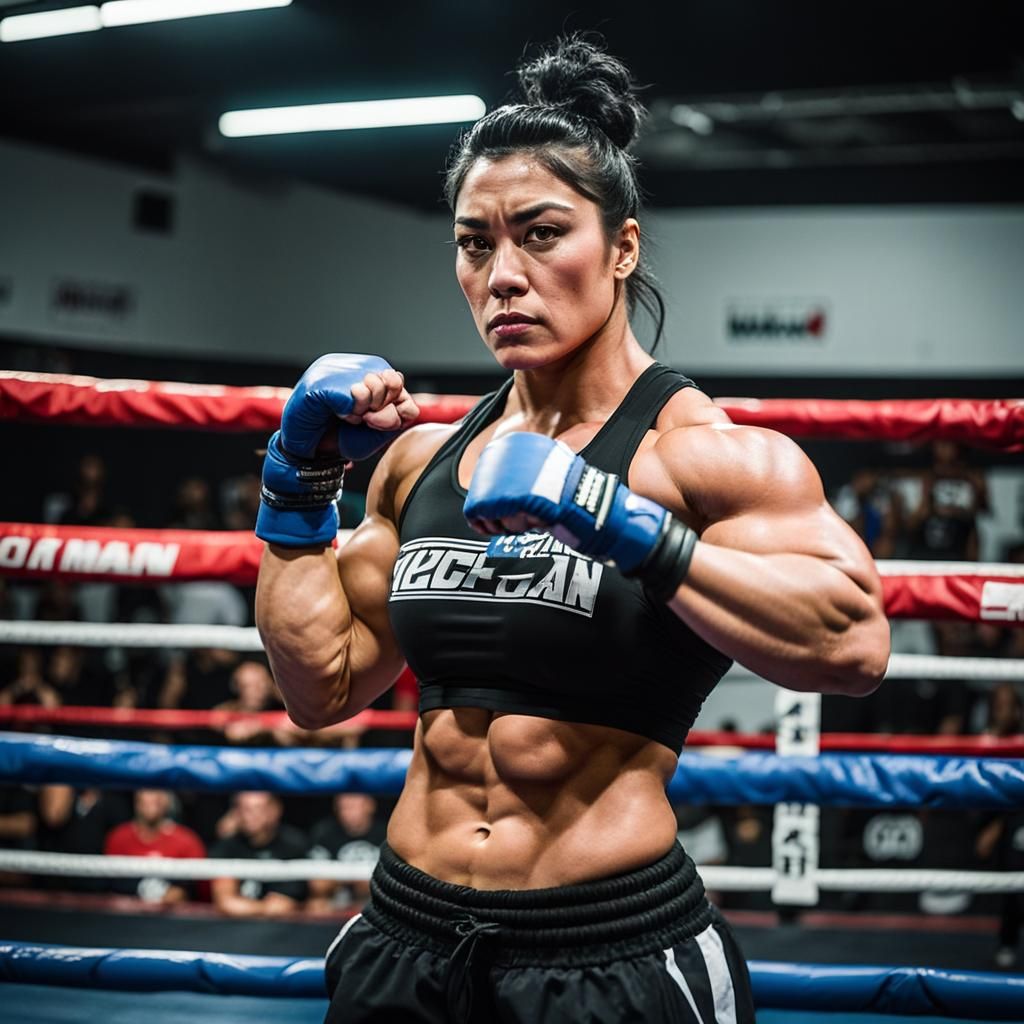 Female MMA Fighter Flexing Biceps in Boxing Ring
