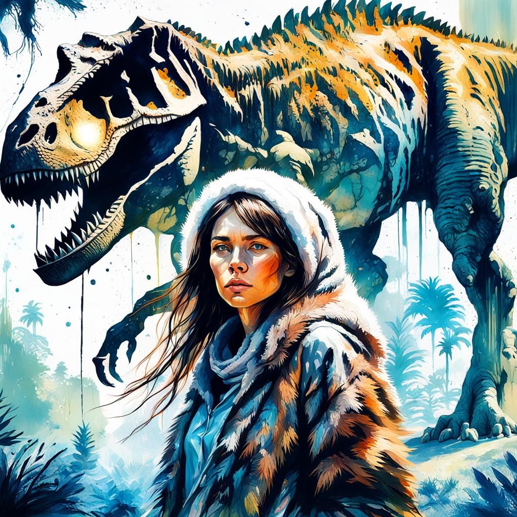 Prehistoric Girl and T-Rex Double Exposure