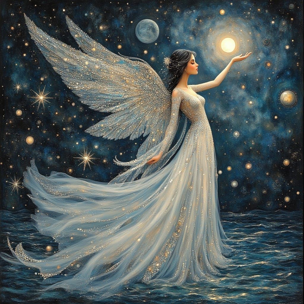 Ethereal Moon Dancer with Angel Wings in Art Nouveau Style