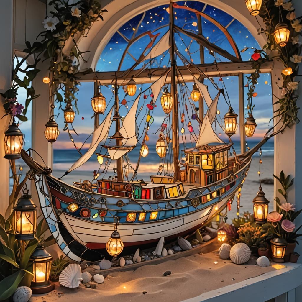 Enchanted Boat on Beach at Sunset: Fantasycore Dream