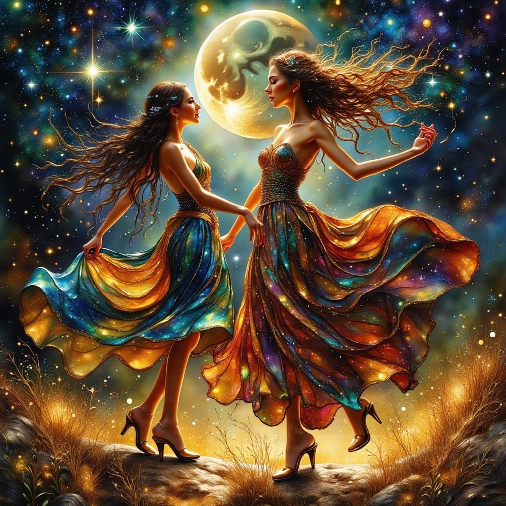 Gypsy Women Dance Under Surrealist Moonlit Sky