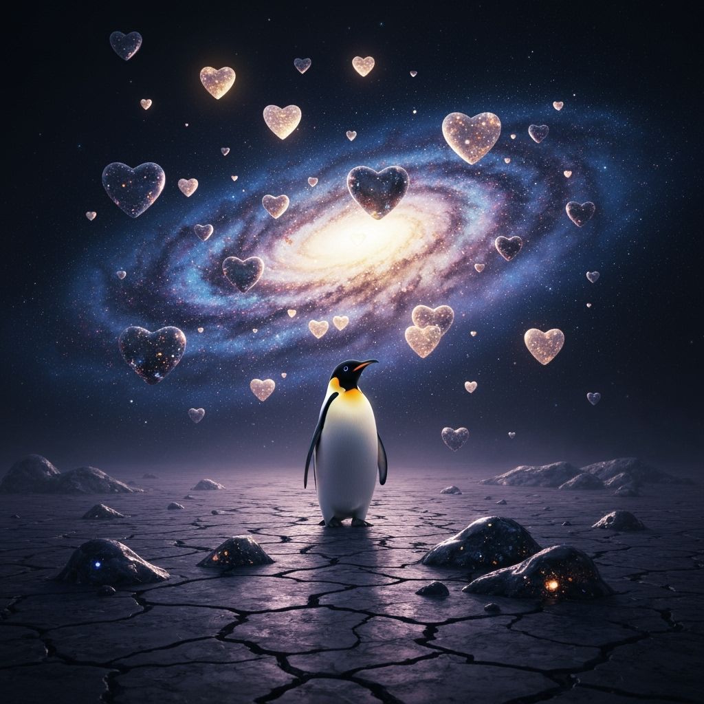 Emperor Penguin Gazes at Luminous Heart Galaxy