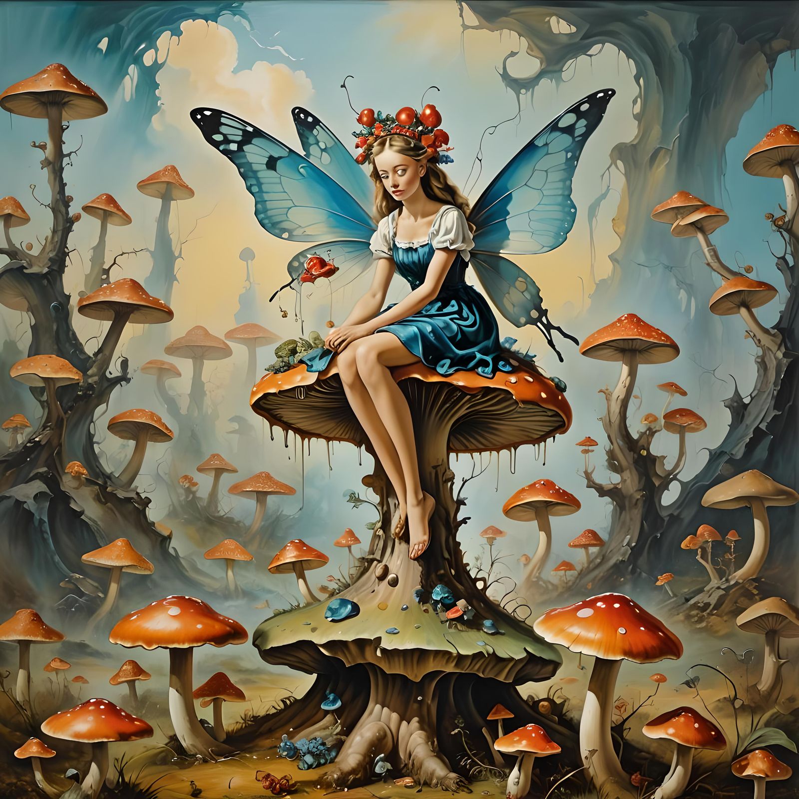 Charming Fairy on Mushroom in Surreal Style