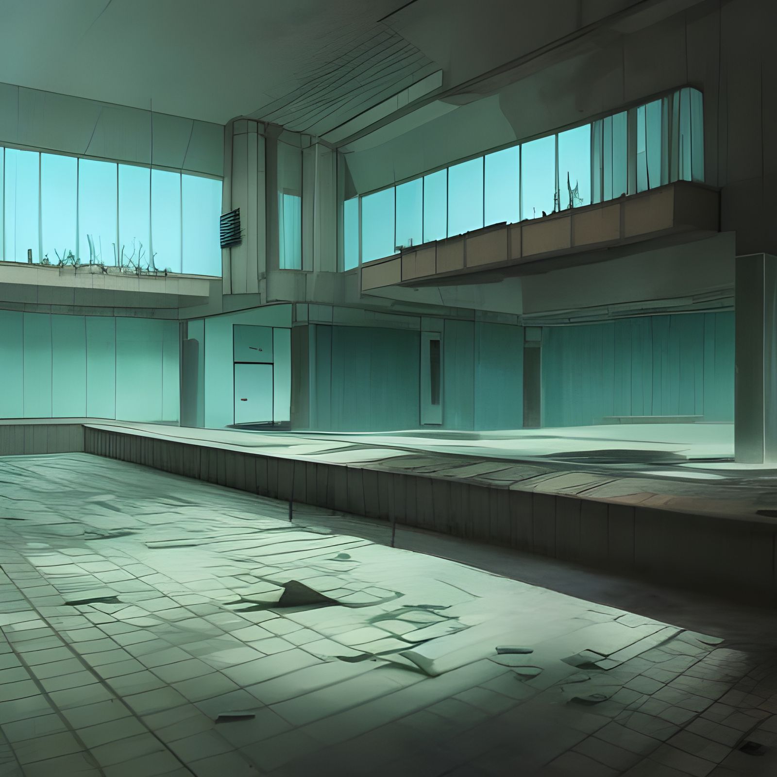 Abandoned Brutalist Pool in Anime Style