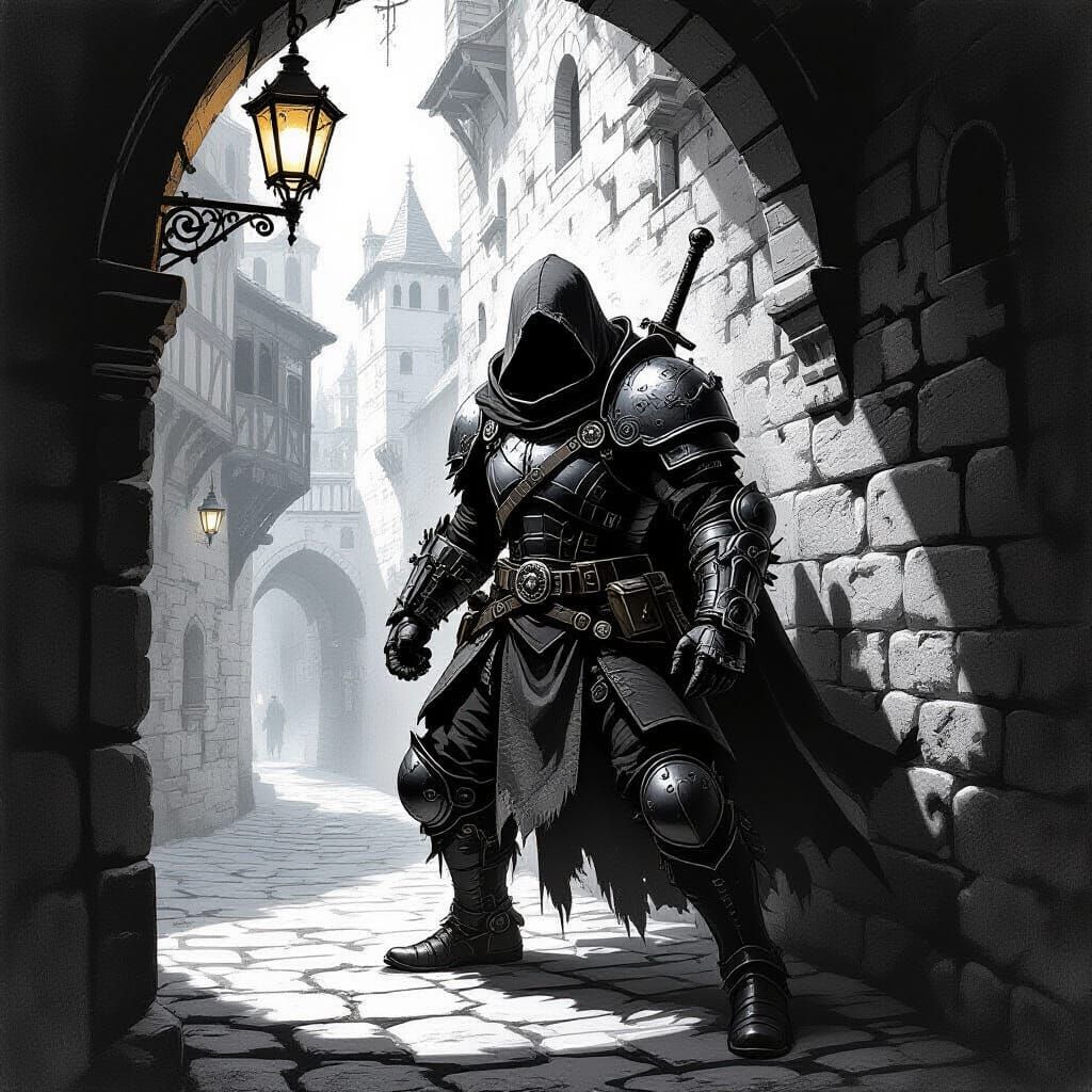 Clockwork Thief in Medieval City Pencil Sketch