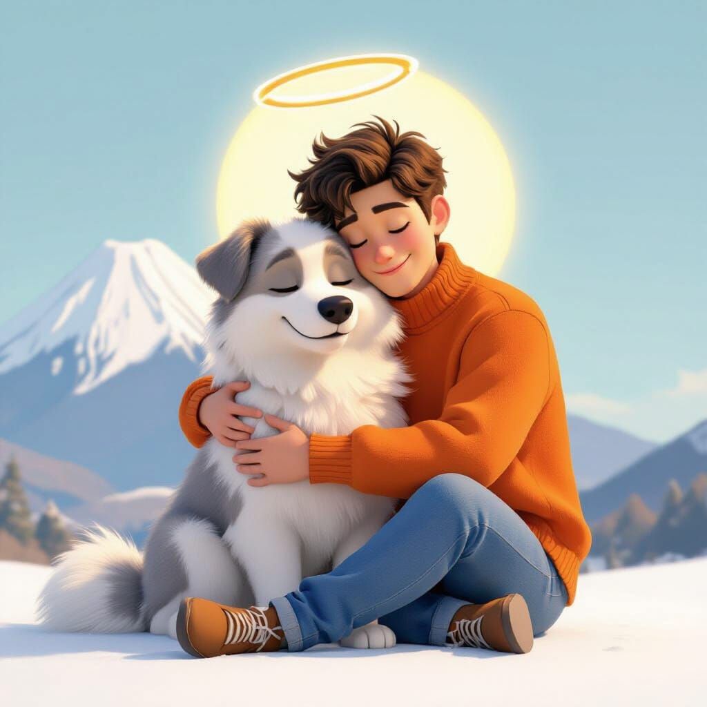Man and Dog with Halo in Pixar Animation Style