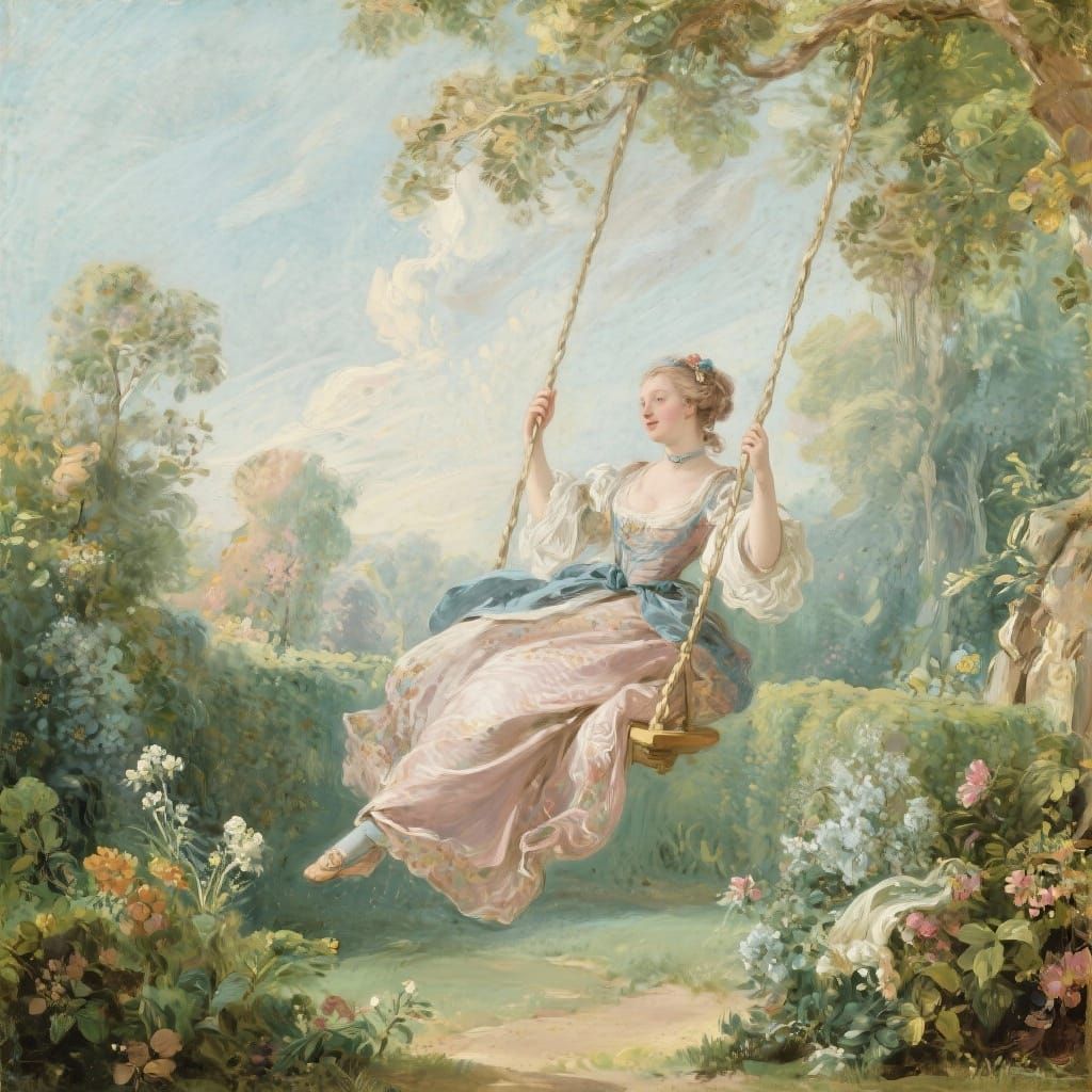 Rococo painting. A woman on a swing in a garden. medium shot. by Jean-Honoré Fragonard. delicate brushstrokes. elegant f...
