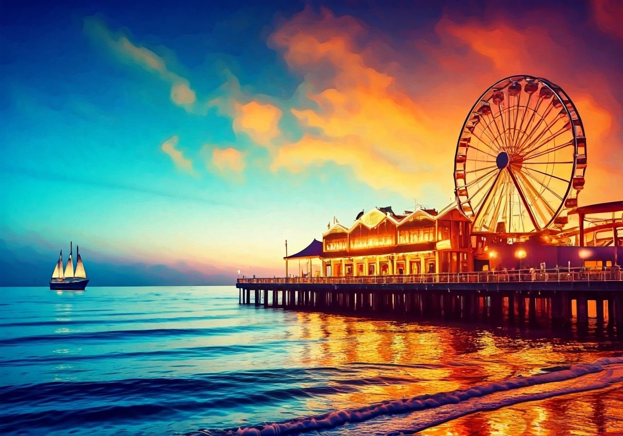 Vibrant Ocean Boardwalk at Night: Watercolor Painting