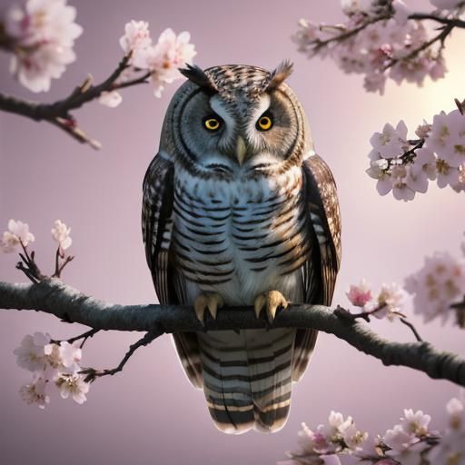 Realistic Owl on Crystal Cherry Branch at Sunset