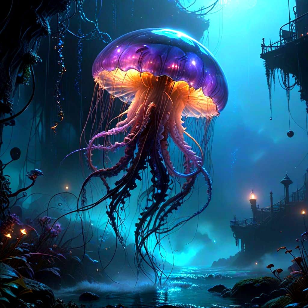 Bioluminescent Jellyfish in Deep-Sea Trench: Surreal Biomech...