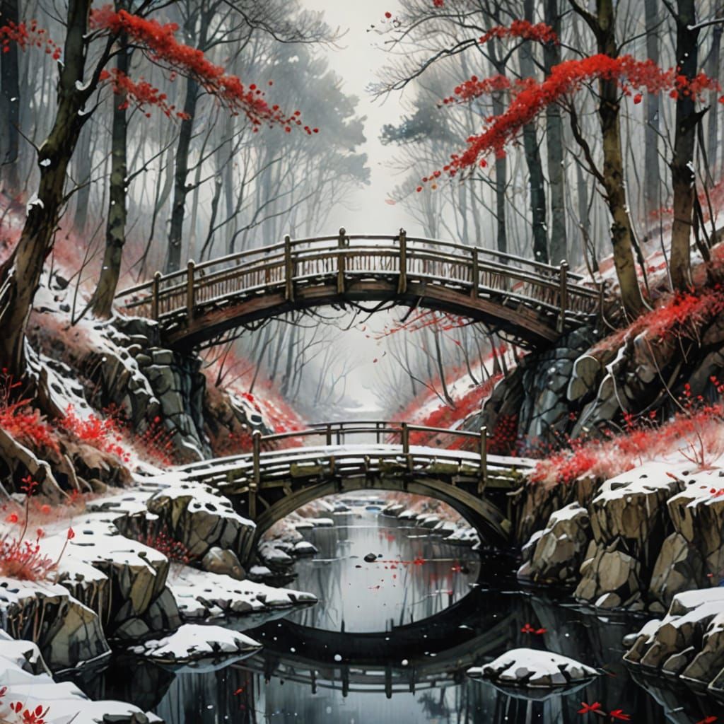 Bridge Over River in Snowy Forest Watercolor