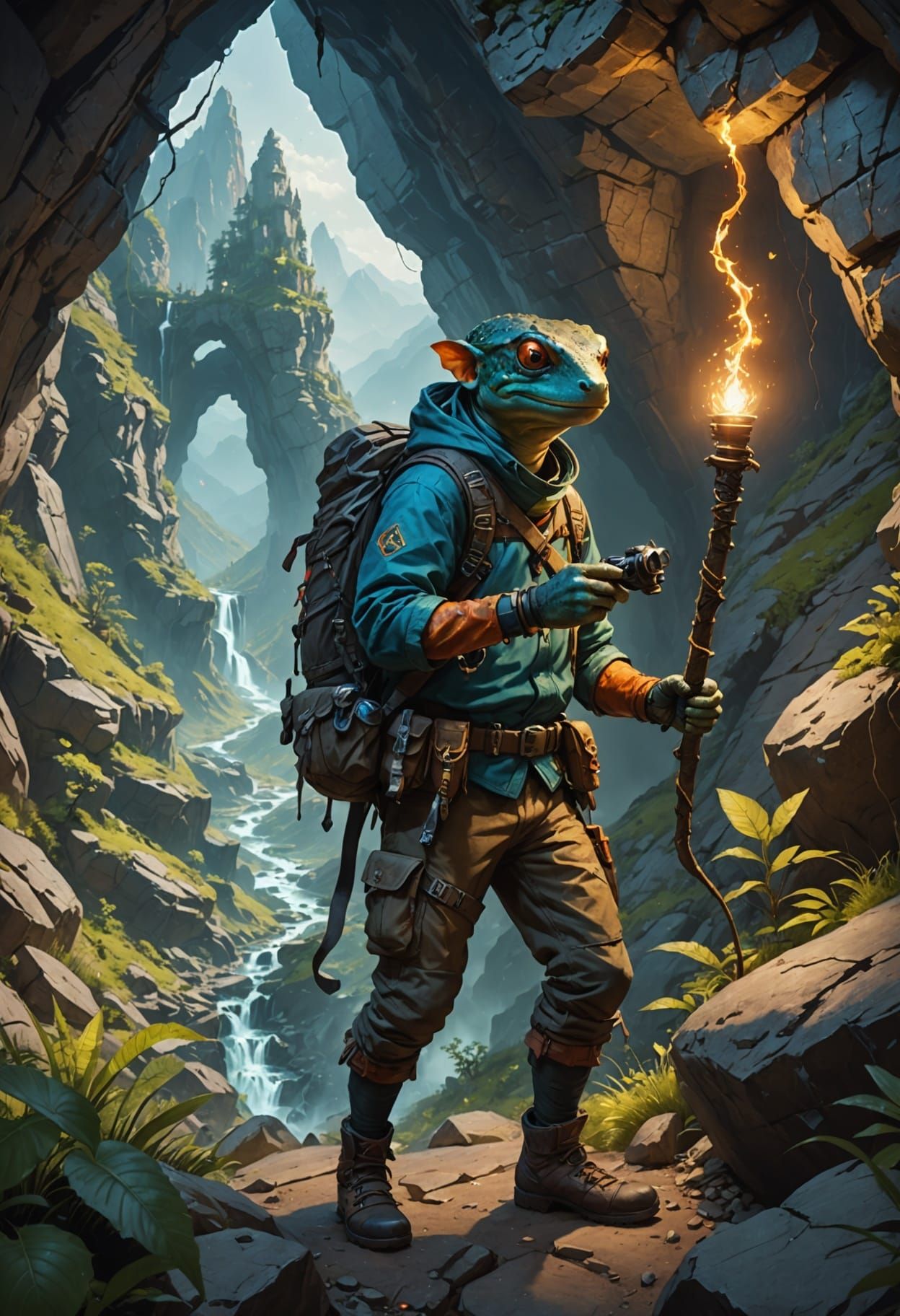 Salamander Explorer Ascends Mountain: Fantasy Digital Art