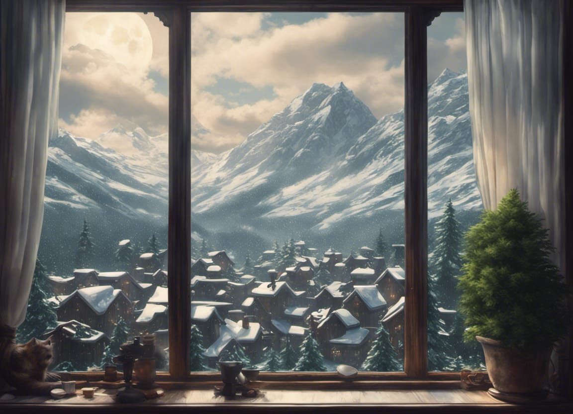 Snowy Mountains View in Cyberpunk Ghibli Style