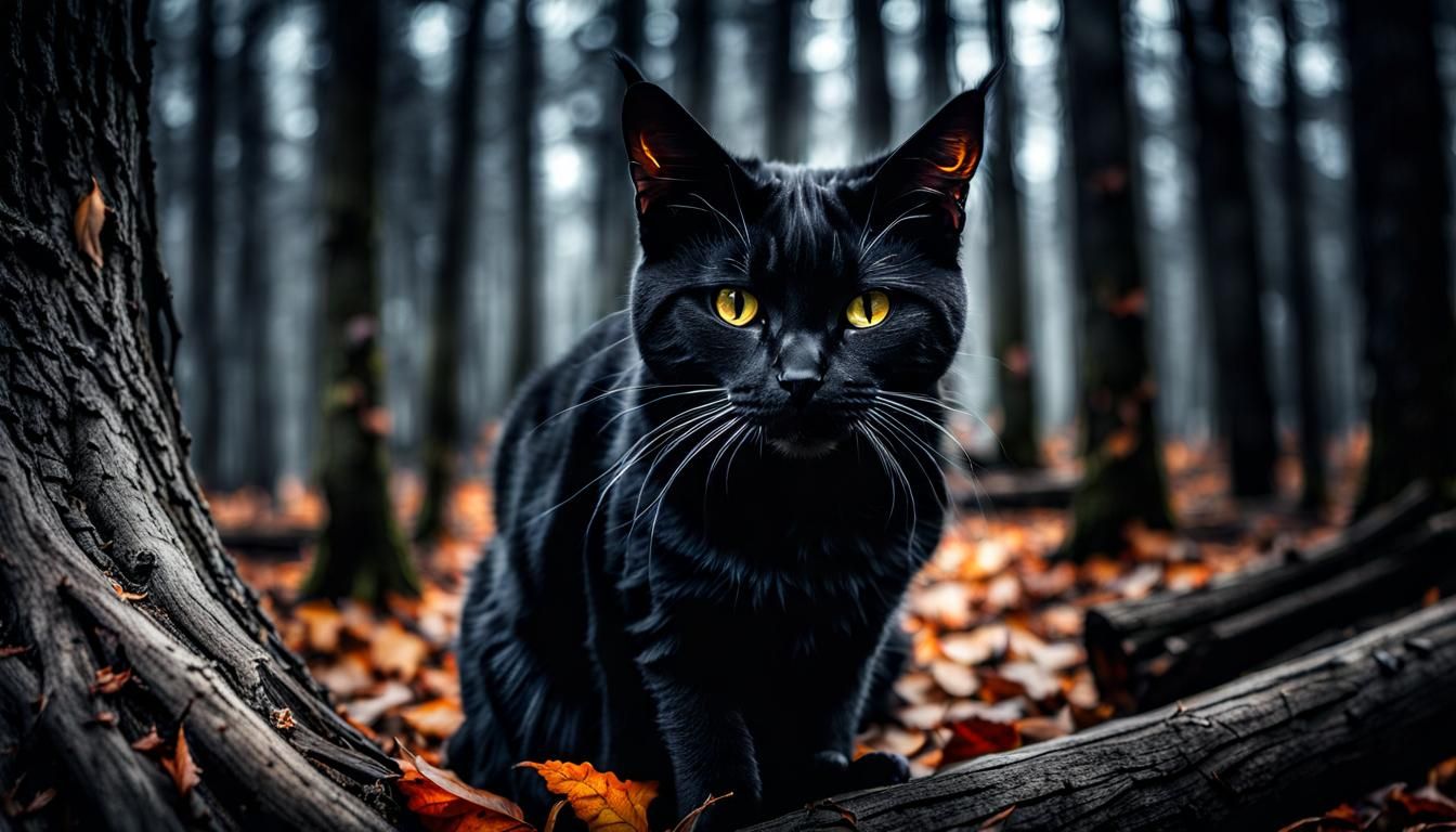 Spooky Black Witch Cat in Atmospheric Wood