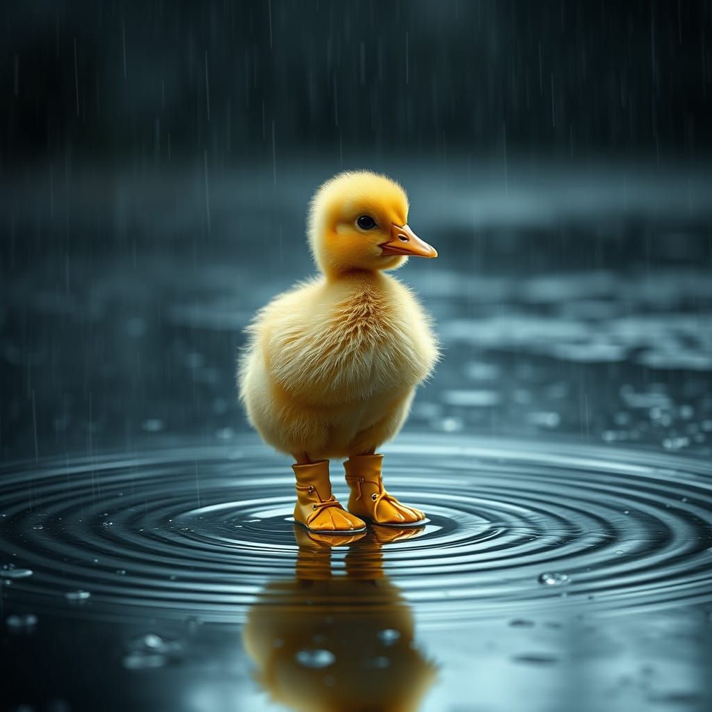 Adorable Yellow Duckling Wears Bright Rain Boots in Rainy Pu...