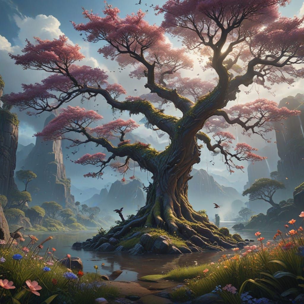 Ethereal Blossom Tree with Bird in Soft, Cinematic Lighting