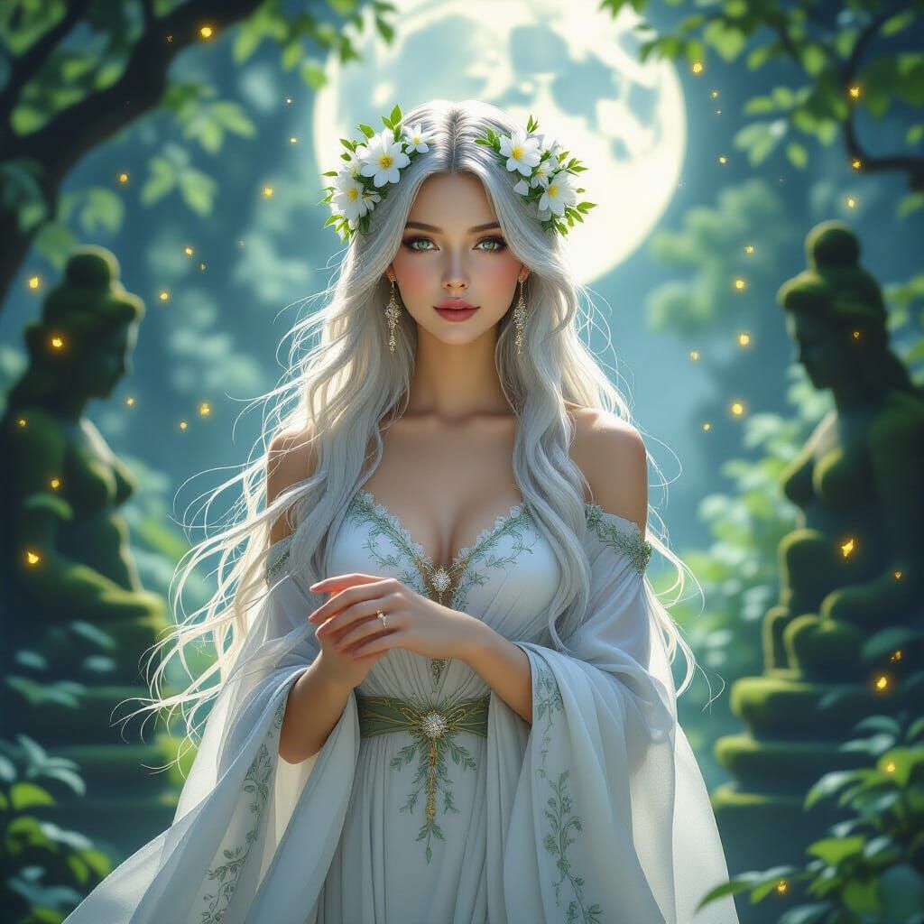 Moonlit Goddess in Mystical Garden as Digital Art