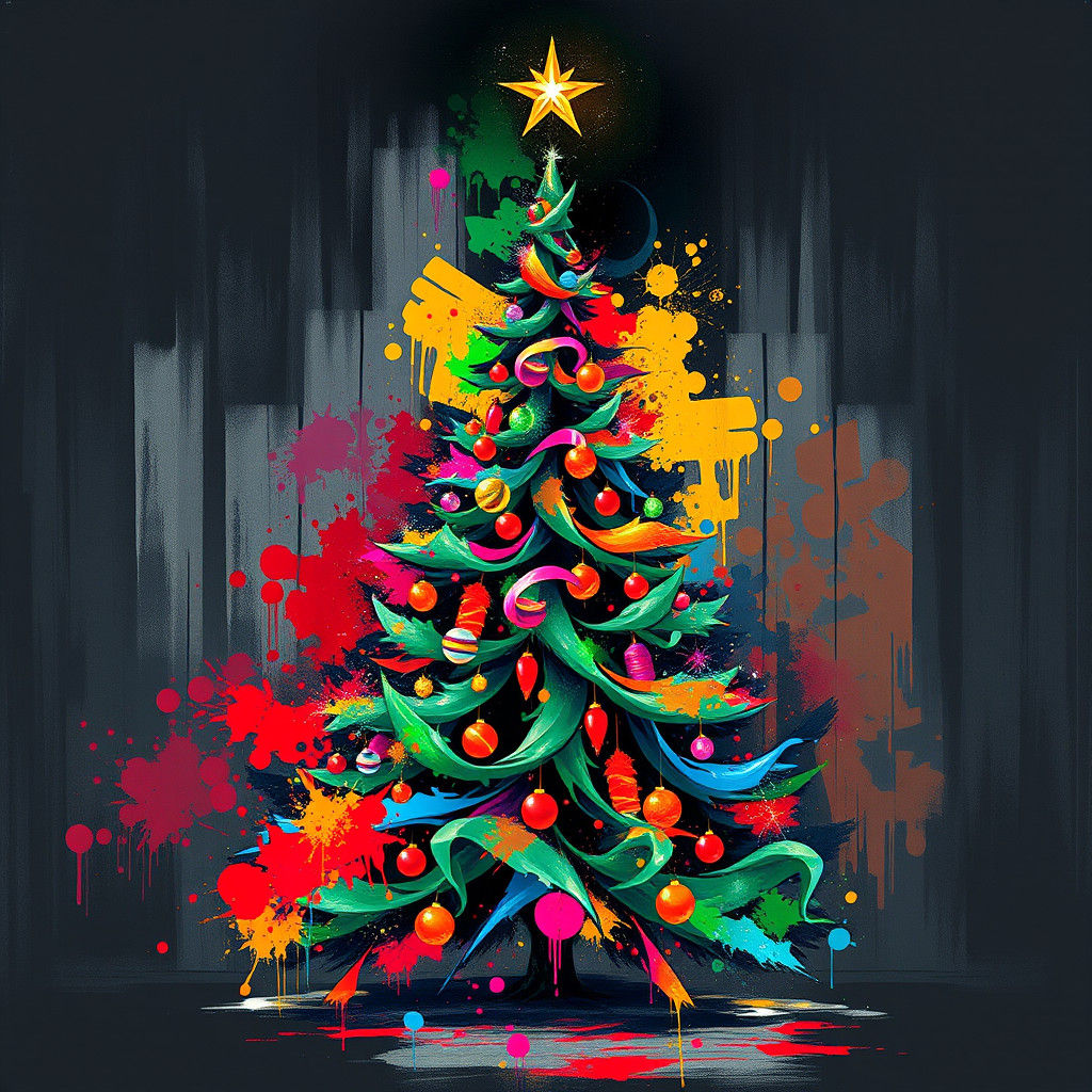 Graffiti-Style Christmas Tree in Urban Setting