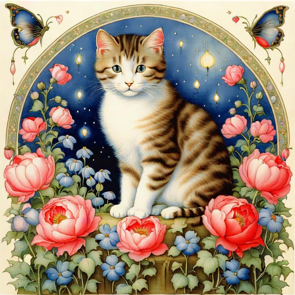 Cat on Pillow with Flowers in Gothic Style