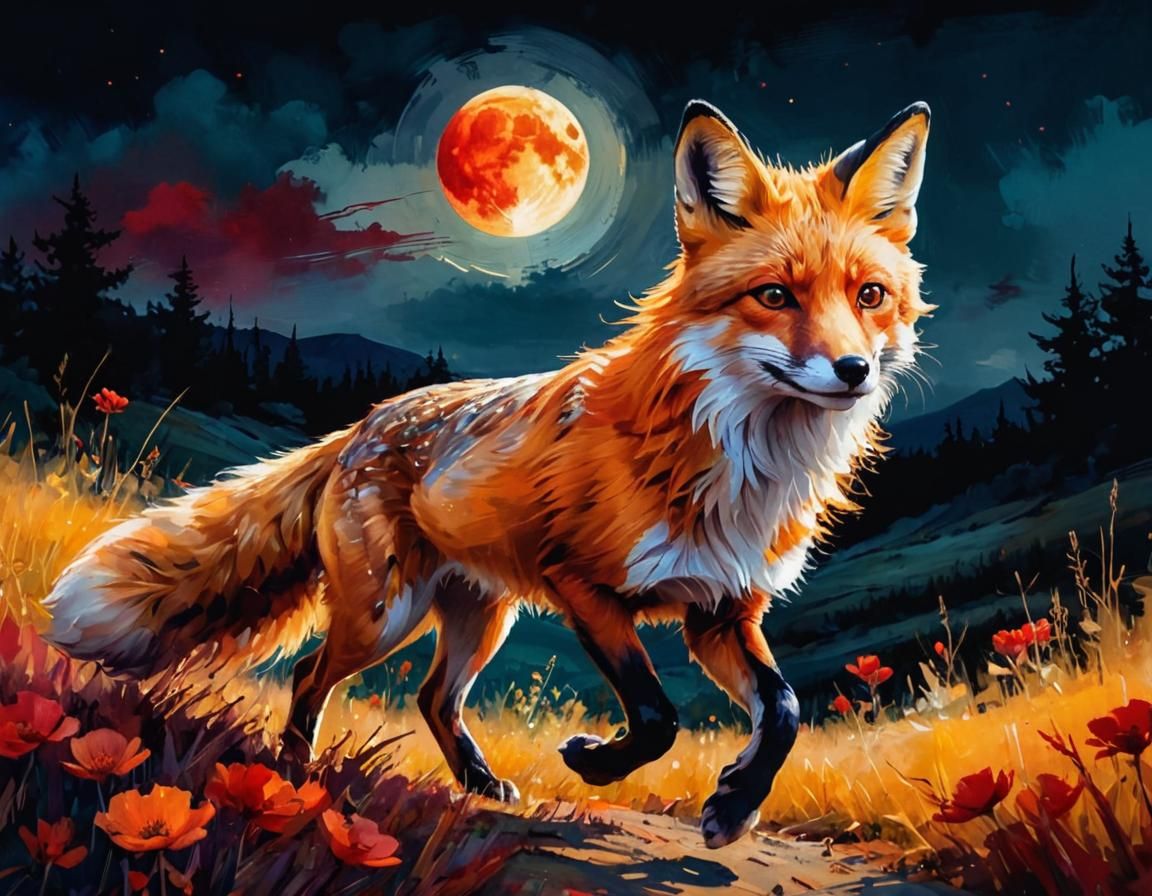 Red Fox Runs Under Blood Moon: Digital Oil Painting