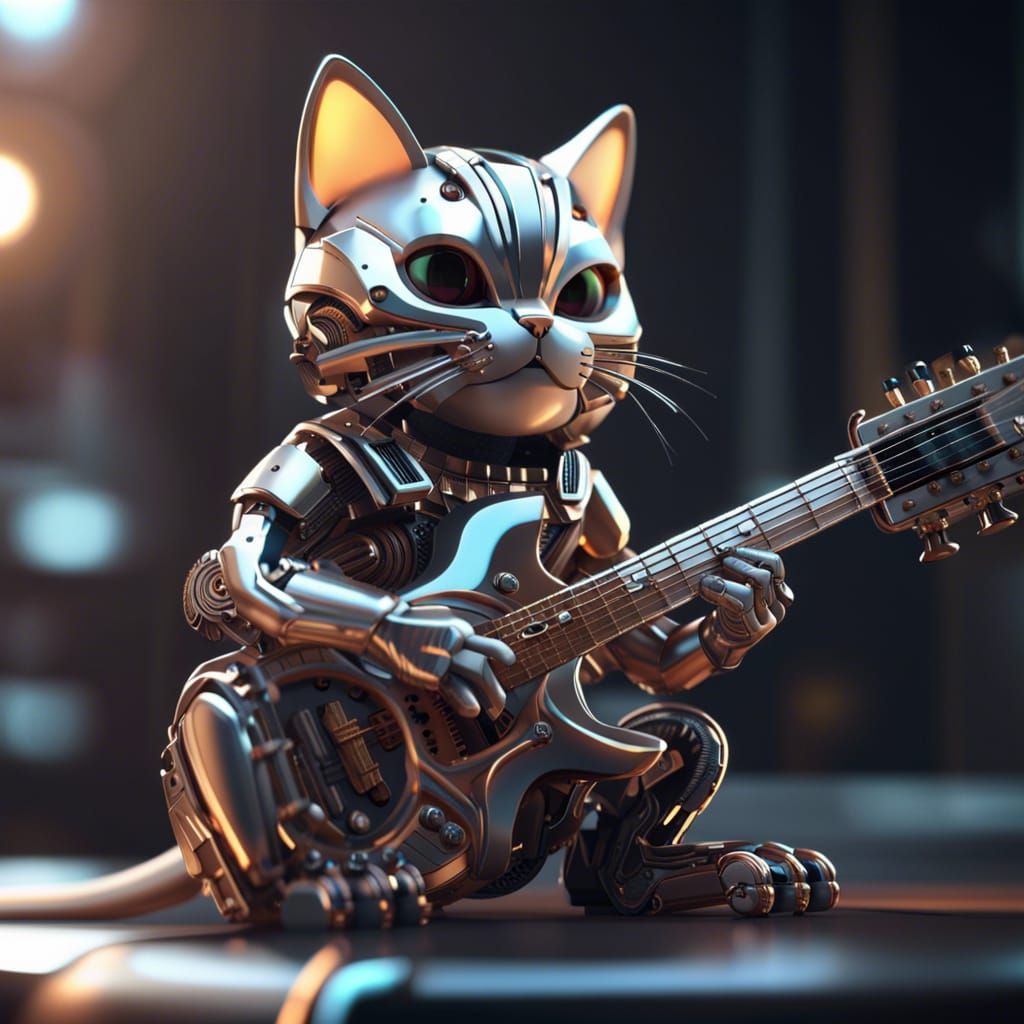 Cyberpunk Cat Guitarist in Futuristic Cityscape