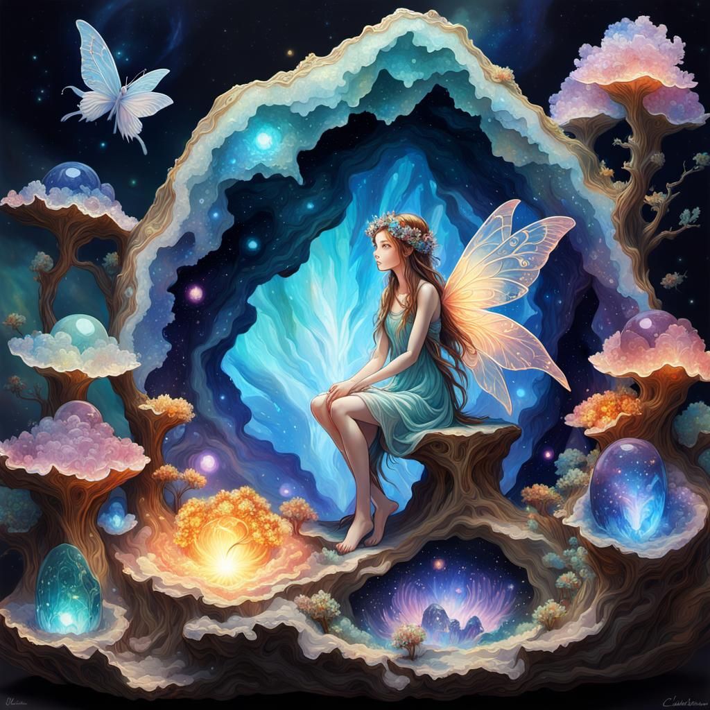 Fairy in Crystalline Geode: Holographic Fantasy Art