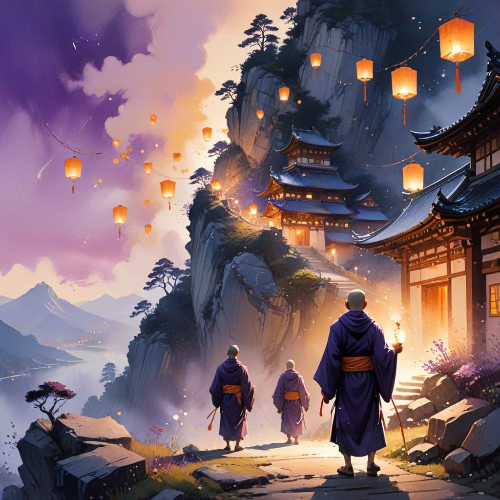 Monks Releasing Lanterns: Watercolour Fantasy Monastery