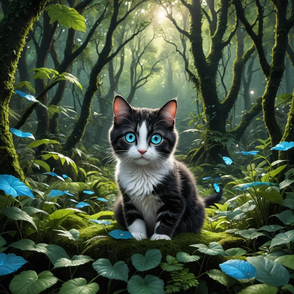 Enchanted Forest Cat with Blue Eyes