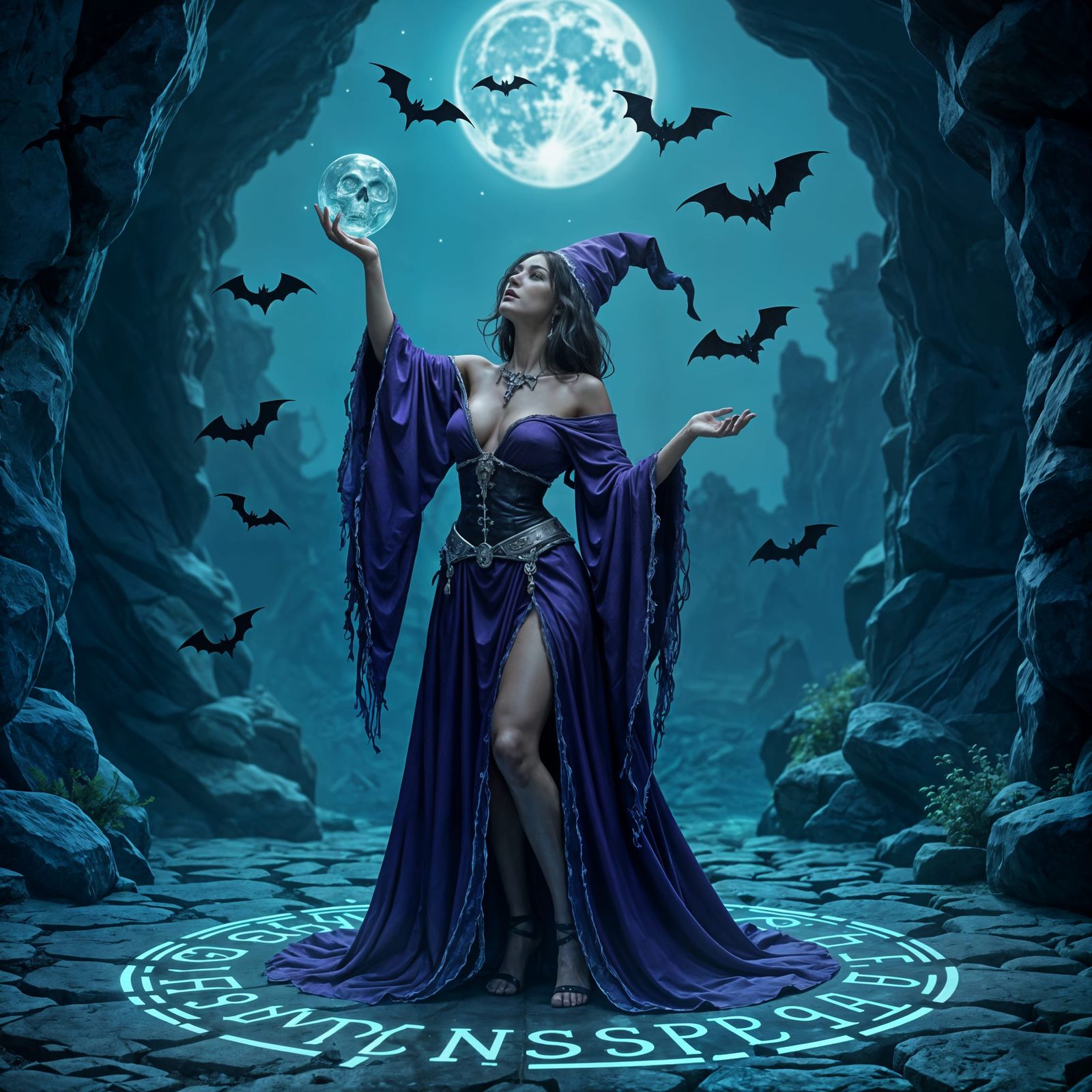 Witch Singing Spell with Glass Skull in Moonlight